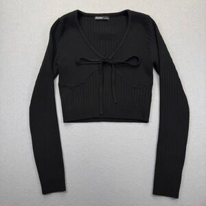 Aster Womens Black Ribbed Knit V-Neck Front Tie‎ Cropped Sweater SW8518 Size L